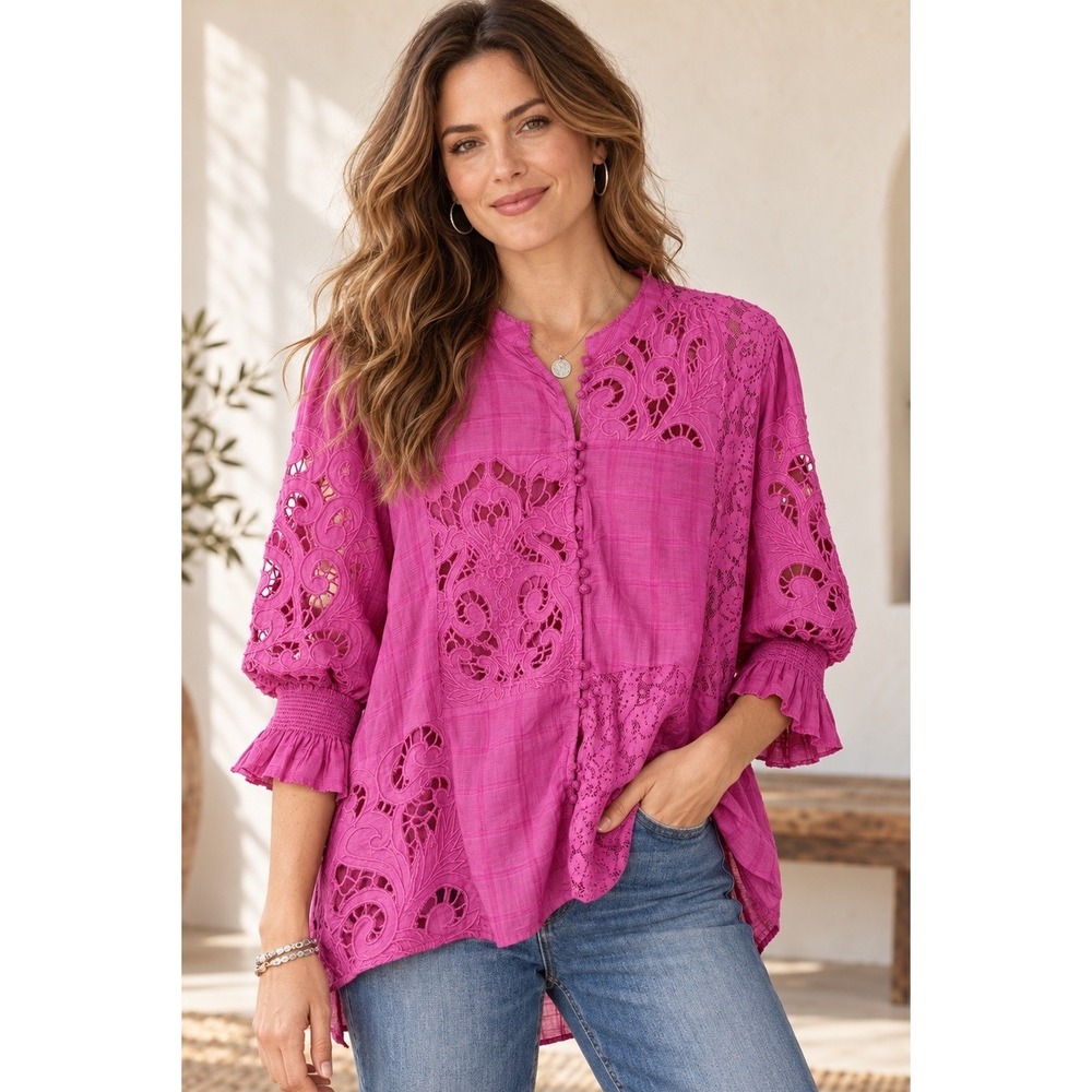Sundance Garbo Lace Top Blouse Sz XL Pink Patchwork Windowpane Boho Cottagecore